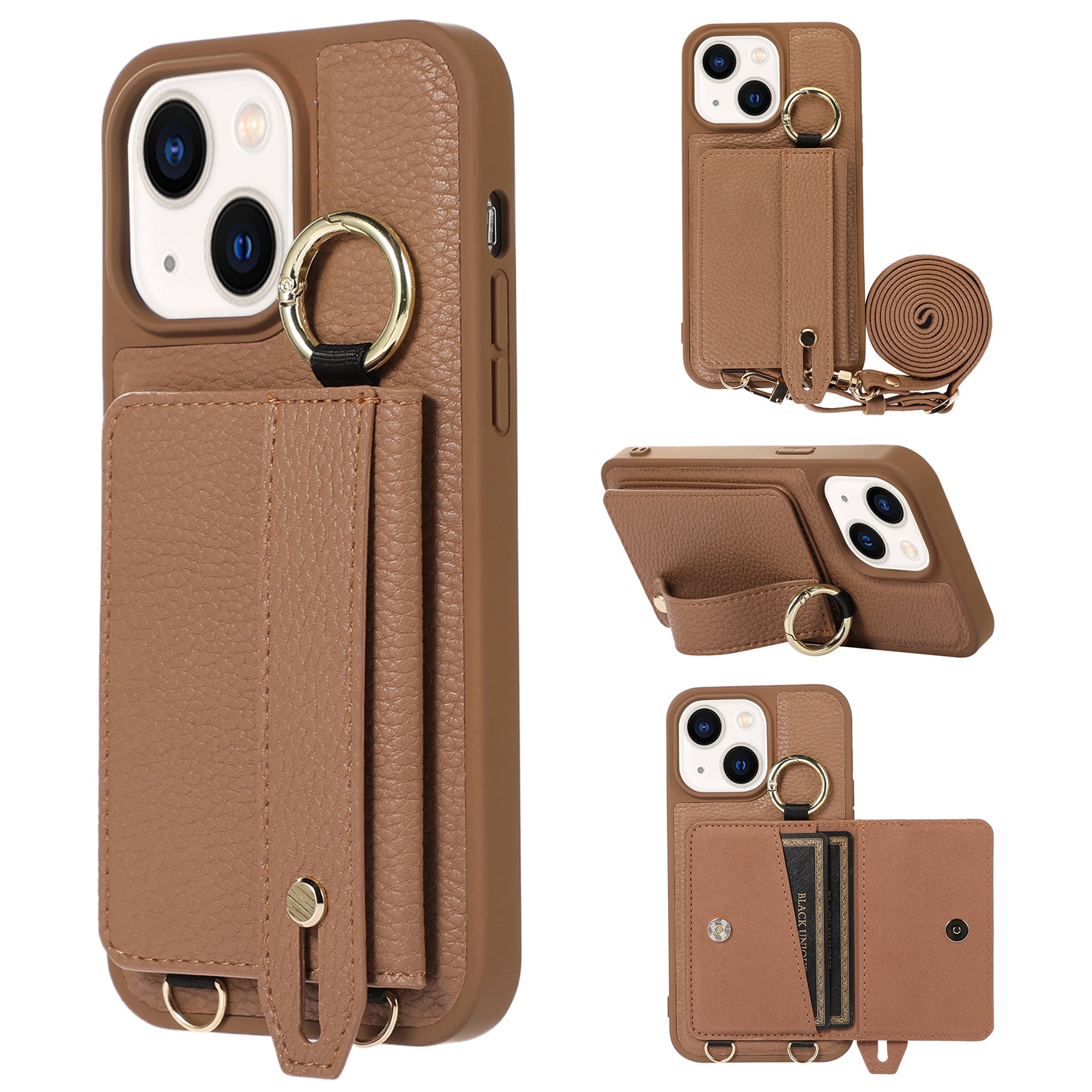 Anti-drop Cover for iPhone 14 Plus Card Holder Hand Strap Leather TPU Phone Kickstand Case with Shoulder Strap Anti-drop Cover for iPhone 14 Plus Card Holder Hand Strap Leather TPU Phone Kickstand Case with Shoulder Strap
